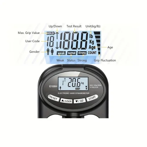 Hand Dynamometer Digital Grip Strength Tester 265 lb 120 kg Max Rechargeable Battery USB LED Display Windproof Rubberized Indoor Outdoor Use