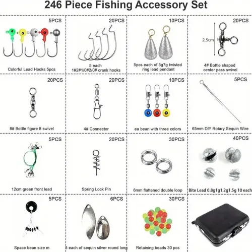 Anmuka 246pcs Fishing Tackle Box Fishing Accessories Set with Fish Hooks Lead Sinker Swivel for Bass Trout Walleye Fishing Supplies