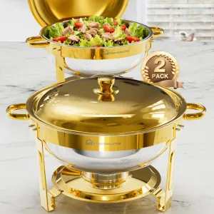 Warmounts Gold Chafing Dishes for Buffet (5QT, 2/4 Pack), Round Stainless Steel Chafer and Warmer Set with Lid Holder, Mirror-polished, Rolled Rim Process (No Finger Cuts), for Catering, Party, Wedding