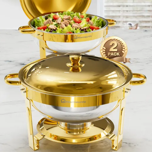 Warmounts Gold Chafing Dishes for Buffet (5QT, 2/4 Pack), Round Stainless Steel Chafer and Warmer Set with Lid Holder, Mirror-polished, Rolled Rim Process (No Finger Cuts), for Catering, Party, Wedding