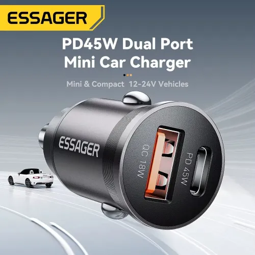 ESSAGER ES-CC15 45W 2-Port USB PD Car Charger Adapter USB-A+USB-C PD3.0 QC3.0 Support AFC FCP iP2.4A Fast Charging for iPhone 16 16 Pro 15 14 13 Pro Max for Huawei Pura X for Xiaomi 15pro for Samsung Galaxy S25 Ultra