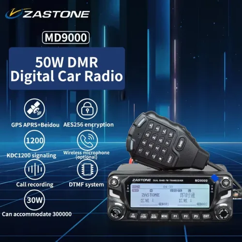 ZASTONE MD9000 DMR Digital Mobile Radio 50W Dual Band VHF UHF GPS AES256 Encryption APRS IPX2 Compact Vehicle Transceiver