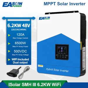 EASUN POWESolar Inverter 220V Grid-Tie Off Grid Inverter MPP120A Solar Charger PV 6500W 450VDInput Pure Sine Wave Inverter Support with WIFI-GPRRemote Monitoring LCD, ISolar SMH II6.2KW--WIFI
