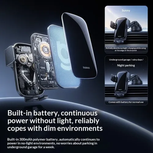 Baseus PrimeTrip VL1 Solar Powered Automatic Car Phone Holder with Auto Sensor Clamp 360 Rotation 300mAh Battery Central Console Mount Bracket Universal Compatible for 5.4-7.2 Inch Smartphones