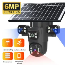 Guudgo 6MP 3-Lens Ultra HD Solar Powered WIFI Security Camera 360 Pan Tilt Full Color Night Vision Motion Tracking Two Way Audio App Controlled Surveillance System