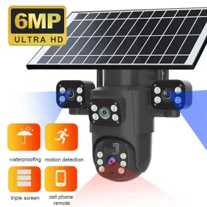Guudgo 6MP 3-Lens Ultra HD Solar Powered WIFI Security Camera 360 Pan Tilt Full Color Night Vision Motion Tracking Two Way Audio App Controlled Surveillance System