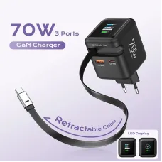 [GaN Tech] ASOMETECH CH055-PQ PD70W 2-Port USB PD TFT Display Charger Come with Type-C Retractable Cable+USB-A+USB-C PD3.0 QC4.0 AFC FCP SCP PPS Fast Charging Wall Charger EU Plug for iPhone 17 17Pro 16 15 14 Pro Max for Xiaomi 17pro for Oppo Find X9