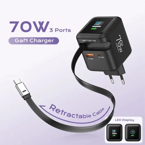 [GaN Tech] ASOMETECH CH055-PQ PD70W 2-Port USB PD TFT Display Charger Come with Type-C Retractable Cable+USB-A+USB-C PD3.0 QC4.0 AFC FCP SCP PPS Fast Charging Wall Charger EU Plug for iPhone 17 17Pro 16 15 14 Pro Max for Xiaomi 17pro for Oppo Find X9