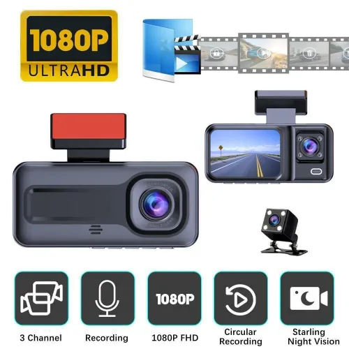Full HD 1080P Car Front Windshield DVR Camera 3 Lens Dash Cam with Infrared Night Vision Parking Reverse Assistance