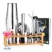 Stainless Steel 22oz Cocktail Shaker Set with Wood Stand - 16 Piece Bartender Kit with Drink Shaker, Bar Spoon, Jigger, Muddler, Strainer, Bottle Opener, Stopper, Pour Spout, Stirrers, Tongs, Recipes
