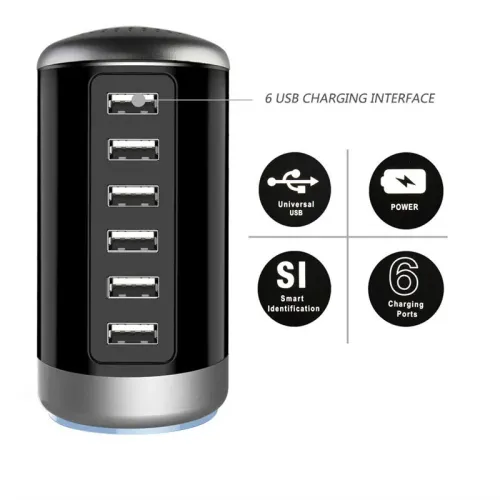 6A 6-Port USB Charger 6USB-A Fast Charging Desktop Veritical Charging Station EU Plug US Plug for iPhone 15/14/13pro Max for Huawei Pura 70 Ultra for Xiaomi Civi4 Pro for Samsung Galaxy S24