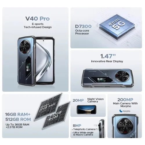 DOOGEE V40 Pro 5G 1.47 inch Rear Display 36GB 512GB 200MP Quad Camera Night Vision Dimensity 7300 6.78 inch 120Hz 8680mAh 33W Fast Charge WiFi 6 NFC IP68 IP69K Waterproof Octa Core Rugged Smartphone