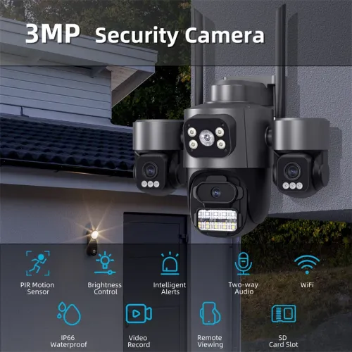 Guudgo 3MP 5X Zoom Triple Lens Security Camera Outdoor Wireless 360 View WiFi Cloud Storage AI Human Detection Night Vision Siren Alarm IP66 Weatherproof Outdoors Surveillance Camera