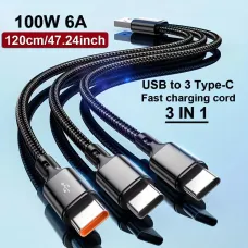 6A 100W USB-A to Type-C+Type-C+Type-C Cable Fast Charging Data Transmission Copper Core Line 0.2M/1.2M Long for iPhone 16 16 Pro 15 14 for Samsung Galaxy S25 for Xiaomi 15 Ultra