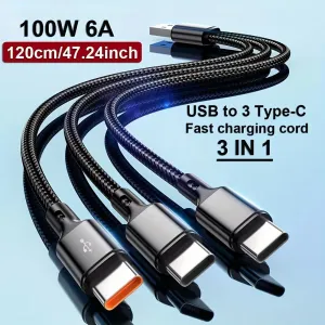 6A 100W USB-A to Type-C+Type-C+Type-C Cable Fast Charging Data Transmission Copper Core Line 0.2M/1.2M Long for iPhone 16 16 Pro 15 14 for Samsung Galaxy S25 for Xiaomi 15 Ultra