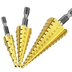 3PCS HSS Steel Drill Bits 4-12mm 4-20mm 4-32mm Titanium Coated for Heat Reduction Perfect for Steel Brass Wood Plastic Drilling Versatile Functionality 3-Sided Shank Design Includes Portable Bag