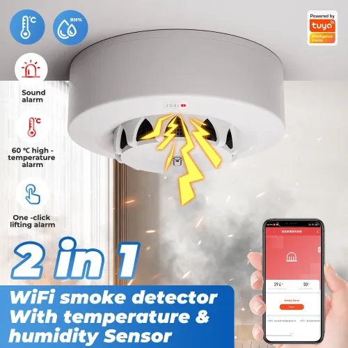Tuya Wifi Smoke Sensor Alarm 80DB Smart Fire Temperature and Humidity Detector Security Protection Voice Control with Alexa Google Home Smart Life APP