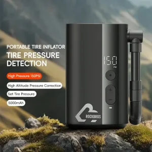 ROCKBROMini Electric Bike Air Pump 150PS5000mAh Type-Rechargeable LEDigital Display Portable Lightweight Cycle Car Motorbike Football Inflator