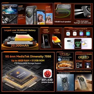 Blackview OSCAL TANK 1 5G AI Dual Display 36GB 256GB/48GB 512GB 20000mAh 55W Fast Charge Dual LED Flashlights 6.78 inch 120Hz 2.4K 64MP Camera Android 15 NFC Dimensity 7050 IP68 IP69K Waterproof Rugged Smartphone