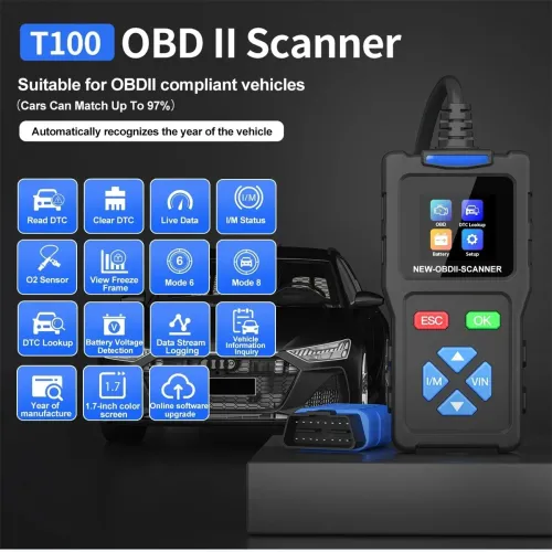 JDiag T100 OBD II Scanner Professional Automotive Diagnostic Tool Supports All OBDII Protocols Fault Code Reader Real-Time Data TFT Color Screen