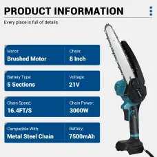 Drillpro 8 Inch Electric Chainsaw Brushless Motor Automatic Oiler Compatible with 18V Li-ion Battery Cordless Wood Cutter 7500mAh Peak