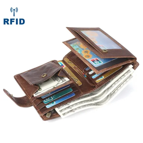 Ekphero Retro Genuine Leather RFID Men's Wallet Business Casual Money Clip Multiple Card Slots Holder Coin Purse