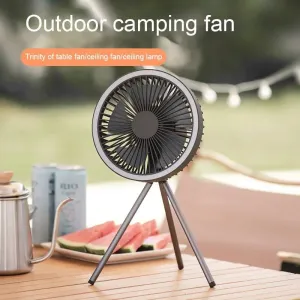 3 in 1 Multifunctional 10000mAh USB Rechargeable Camping Fan with LED Light High Capacity Silent Motor Long Battery Life Aluminum Tripod Desk Ceiling Fan Power Bank Function