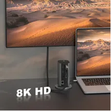 WL-DS1604 16-in-1 Type-C Vertical Docking Station with USB2.0*2 / USB3.1*2 / PD100W / Type-C*3 / 1000M LAN / 1080P VGA / 4K60HZ HD*2 / 8K30HzDP / 3.5mm Audio / SD&TF3.0 / Power Supply Desktop Multiports Splitter Adapter for Laptop TV Computer