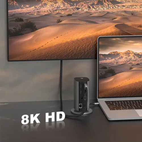 WL-DS1604 16-in-1 Type-C Vertical Docking Station with USB2.0*2 / USB3.1*2 / PD100W / Type-C*3 / 1000M LAN / 1080P VGA / 4K60HZ HD*2 / 8K30HzDP / 3.5mm Audio / SD&TF3.0 / Power Supply Desktop Multiports Splitter Adapter for Laptop TV Computer