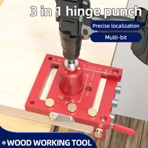 ENJOYWOOD 3in1 Hinge Punch Woodworking Kit with Positioning Clamp Drill Hole Cover Versatile Punch Positioner Body Multiple Drill Bits Convenient Portable Efficient Accuracy in Drilling