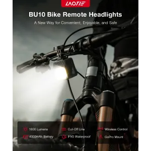 LAOTIBU10 Wireless Remote Bike Headlight 1600Lm Super Bright Cut-off Line Design 4000mAh Battery Phone Emergency Power Bank IPX5 Waterproof Fast Charge Digital Display Smart Overhang Front Light for Universal Road Bikes MTB Bikes