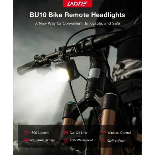LAOTIBU10 Wireless Remote Bike Headlight 1600Lm Super Bright Cut-off Line Design 4000mAh Battery Phone Emergency Power Bank IPX5 Waterproof Fast Charge Digital Display Smart Overhang Front Light for Universal Road Bikes MTB Bikes
