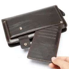 Ekphero Men Genuine Leather Wallet Men Phone Clutch Retro Long Wallets Hand Money Purse Cow Leather Zippered Card Holder