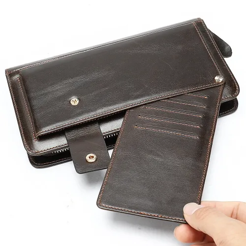 Ekphero Men Genuine Leather Wallet Men Phone Clutch Retro Long Wallets Hand Money Purse Cow Leather Zippered Card Holder