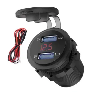 4.2A Waterproof Car 2 Port Dual USB Charger Socket Power Outlet with LED Voltmeter for 12-24V Car Boat Marine ATV Motorcycle