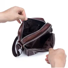 BULLCAPTAI Genuine Leather Men's Shoulder Bag Cowhide Messenger Bags Fashion Male Causal Small Double Zipper Crossbody Bag Short-distance Compact Mini Travel Bag
