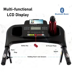 USA Direct Bominfit JK1609A Folding Treadmill 2.5HP Motor 12km/h Max Speed 120kg Weight Capacity 14 inch Running Belt bluetooth Music LEDisplay Installation-free Fitness for Home Gym Workouts