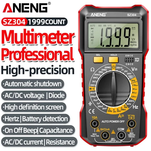 ANENG SZ304 Digital Multimeter, ABS Body, Accurate Measurement of Voltage Current Resistance Capacitance Frequency with Diode Data Retention & Automatic Shutdown Essential Tool for Electrical Testing and Troubleshooting
