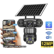 Guudgo V380 12MP Tri-Lens Solar Powered PTZ Security Camera Wireless WiFi/4G PIR Motion Detect Two Way Audio IP66 Waterproof Outdoors CCTV Surveillance Cameras