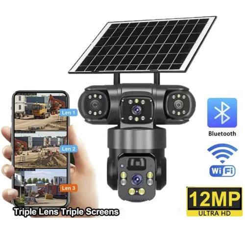 Guudgo V380 12MP Tri-Lens Solar Powered PTZ Security Camera Wireless WiFi/4G PIR Motion Detect Two Way Audio IP66 Waterproof Outdoors CCTV Surveillance Cameras
