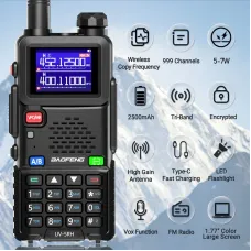 Baofeng UV-5RH 5W Tri-band EU Walkie Talkie 1.77inch Screen Large Range 2500mAh Type-C Rechargeable Handheld Two-way Radio with LED Flashlight FM Radio