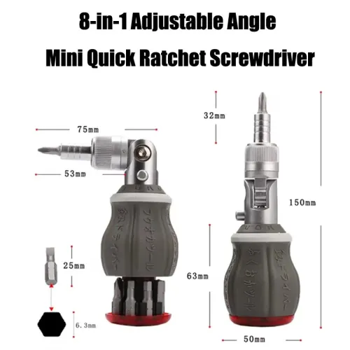 Multifunctional Ratchet Screwdriver Set 8 in 1 Adjustable Angle CR V Steel Bits Quick Release Lightweight Compact Maintenance Tool
