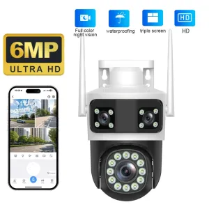 Guudgo 6MP Ultra HD WIFI IP Camera Triple Lens Full Color Night Vision Waterproof 355 Pan Tilt Two Way Audio Mobile App Control Outdoor Security Camera