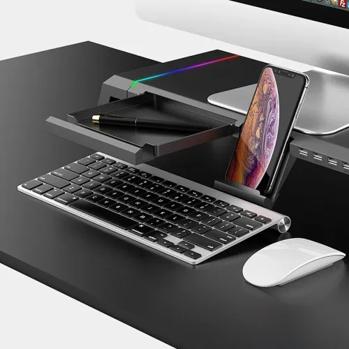 ICE COOREL T1 Multifunctional Monitor Riser Stand with 3USB2.0+USB3.0 Expansion Ports / Storage Drawers / Phone Stand RGB Lights Foldable Design Computer Heighten Support Stand