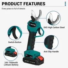 Drillpro 24V Cordless Pruning Shears 30mm Maximum Cutting Diameter with Strong 750W Power 7500mAh Battery for 80-180 Minutes of Work Comes with Extra Blade Sets Efficient Garden Tool
