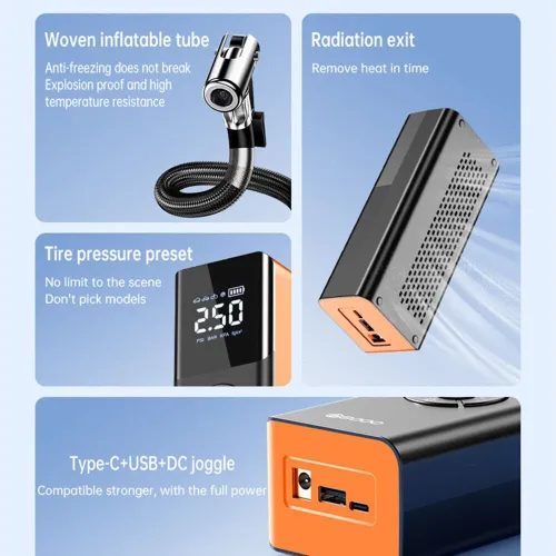 80W Car Tire Inflator Portable Air Compressor 150 PSI Electric Tire Inflator Cordless Tire Pump with Digital LED Display Emergency Light