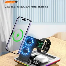 XJCX A93 5-in-1 15W Foldable RGB Wireless Charger with Digital Display Time & Alarm Clock Fast Wireless Charging Station for iPhone 15 14 13 for Xiaomi 14pro for Huawei Mate60 for Airpods for Apple Watch