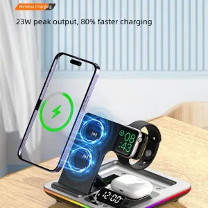 XJCX A93 5-in-1 15W Foldable RGB Wireless Charger with Digital Display Time & Alarm Clock Fast Wireless Charging Station for iPhone 15 14 13 for Xiaomi 14pro for Huawei Mate60 for Airpods for Apple Watch
