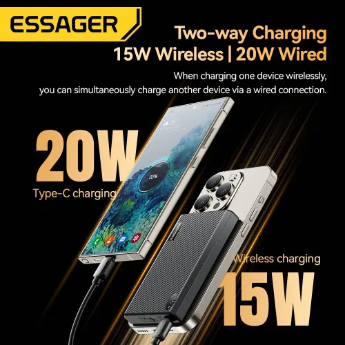 ESSAGER ES-D017 20W 10000mAh Magnetic Power Bank Digital Display External Battery Power Supply with 1 Input & 2 Outputs Fast Charging for iPhone 16 16 Pro 15 14 13 Pro Max for Samsung Galaxy Z Flip6 for Xiaomi 15pro for Huawei Mate XT