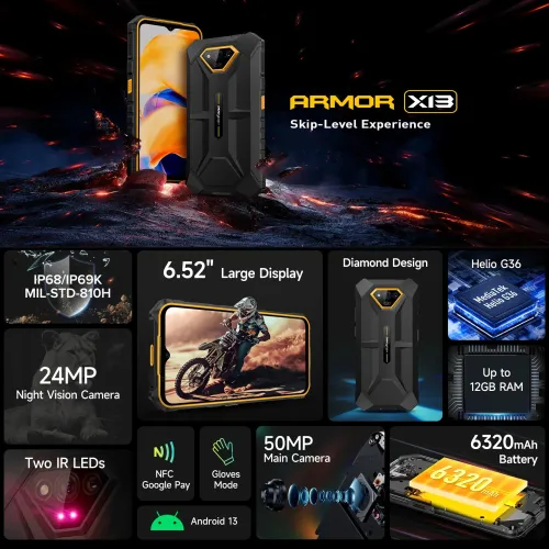 Ulefone Armor X13 50MP Camera Night Vision Camera 12GB 64GB 6.52 inch 6320mAh NFC Android 13 Helio G36 IP68 IP69K Waterproof 4G Rugged Smartphone